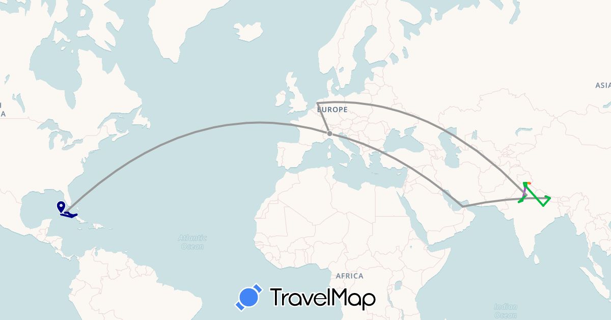 TravelMap itinerary: driving, bus, plane, cycling, train, hiking, hitchhiking in United Arab Emirates, Cuba, India, Italy, Netherlands, Nepal (Asia, Europe, North America)